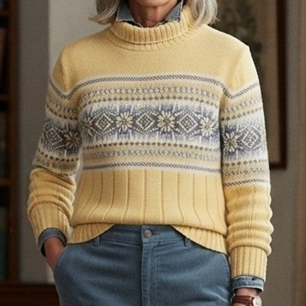 vtg fair isle Sweater 2x butter yellow chunky Knit grandpa fisherman coastal
